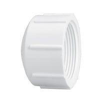 White PVC threaded end cap for 1-inch pipe with female iron pipe thread (FIPT), showing internal threads and smooth exterior profile.