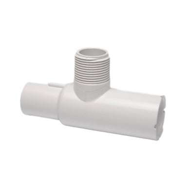 White 1-inch Schedule 40 PVC manifold tee (Slip x Spigot x MIPT) showing socket hub and threaded male outlet on a neutral background