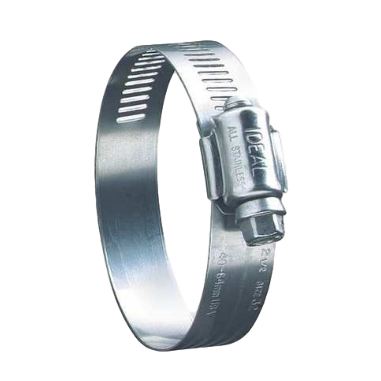 Ideal 6416 stainless worm-drive hose clamp showing slotted hex screw and band; fits 3/4–1 1/2 inches.