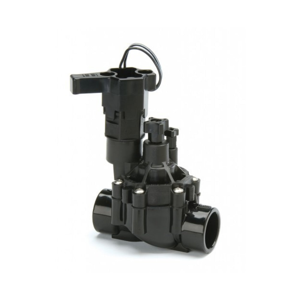 High-resolution photo of a 1-inch Rain Bird DVF inline irrigation valve (slip x slip), showing the 24 VAC solenoid, flow-control knob, and PVC body.