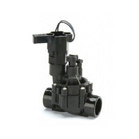 High-resolution photo of a 1-inch Rain Bird DVF inline irrigation valve (slip x slip), showing the 24 VAC solenoid, flow-control knob, and PVC body.