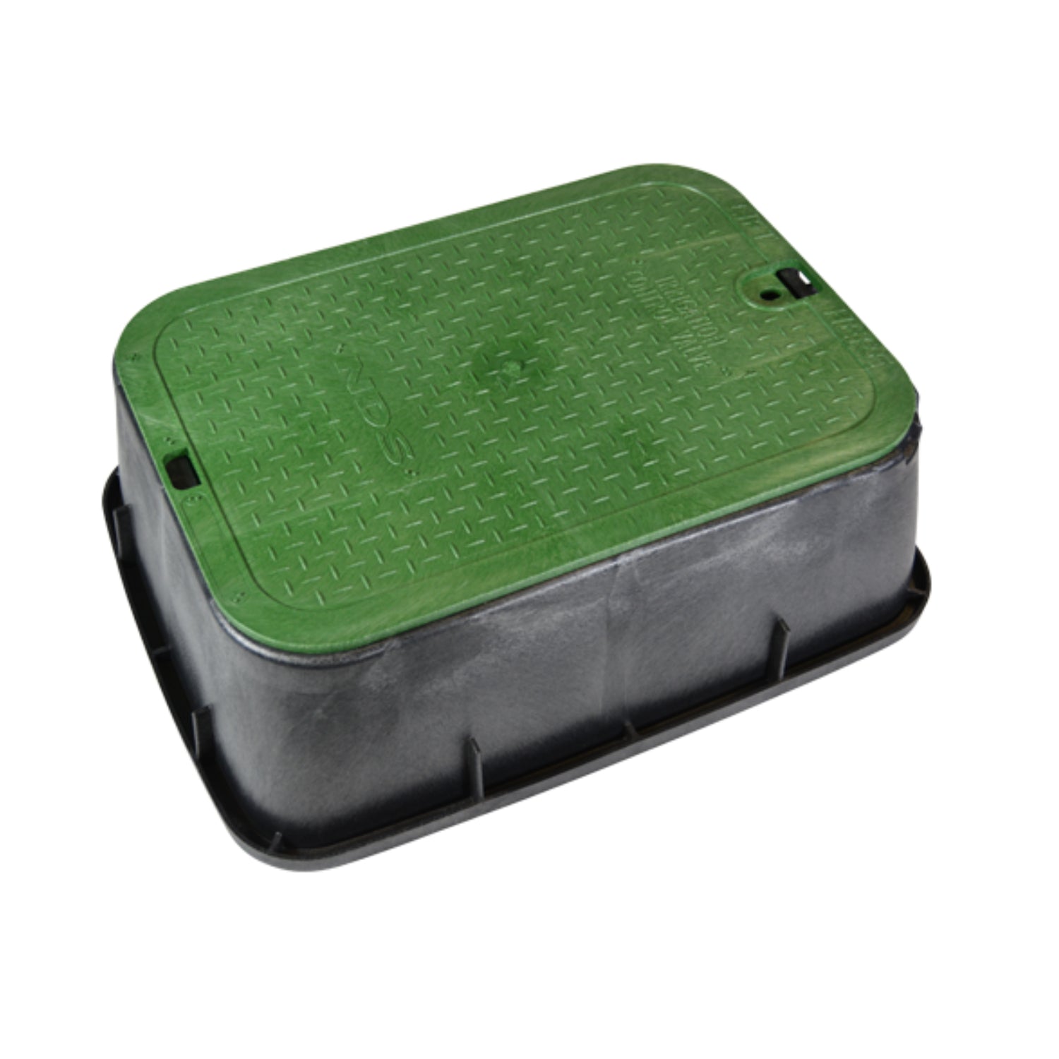 NDS 119TBC rectangular valve box with black tapered HDPE body and overlapping green lid, nominal 13x20x6 inches