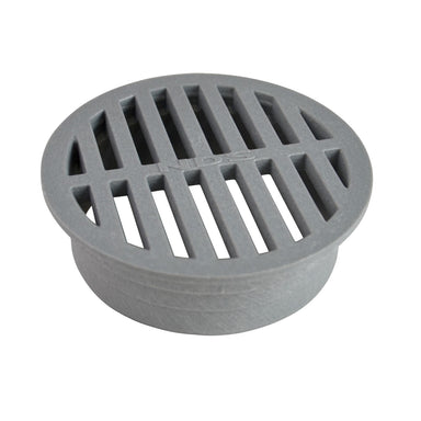 Top view of a gray NDS 4-inch round drainage grate made from foam polyolefin, showing slotted pattern and mounting lip for a 4" connection.