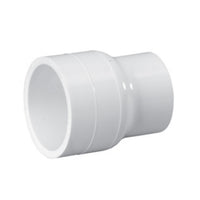 White PVC Schedule 40 reducing coupling, 1 inch x 3/4 inch, slip socket ends, product photo on white background