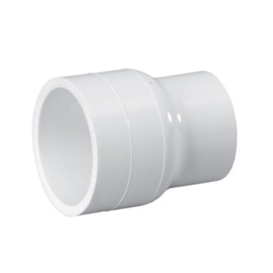 White Schedule 40 PVC reducing coupling, 1-1/4" x 1" slip x slip sockets, product on plain white background for scale and detail.