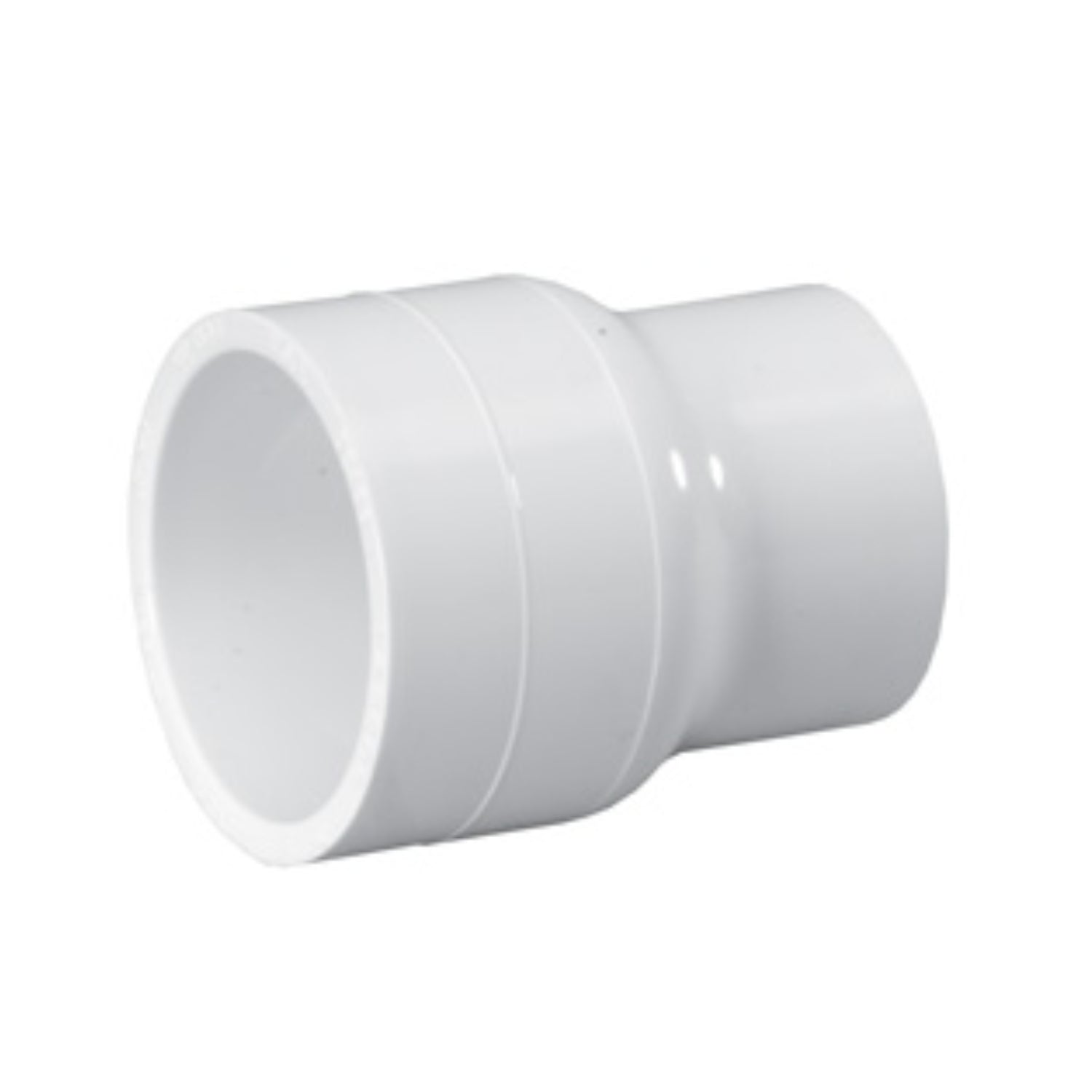 White Schedule 40 PVC reducing coupling, 6-inch to 4-inch slip x slip (socket) reducer shown on plain white background.