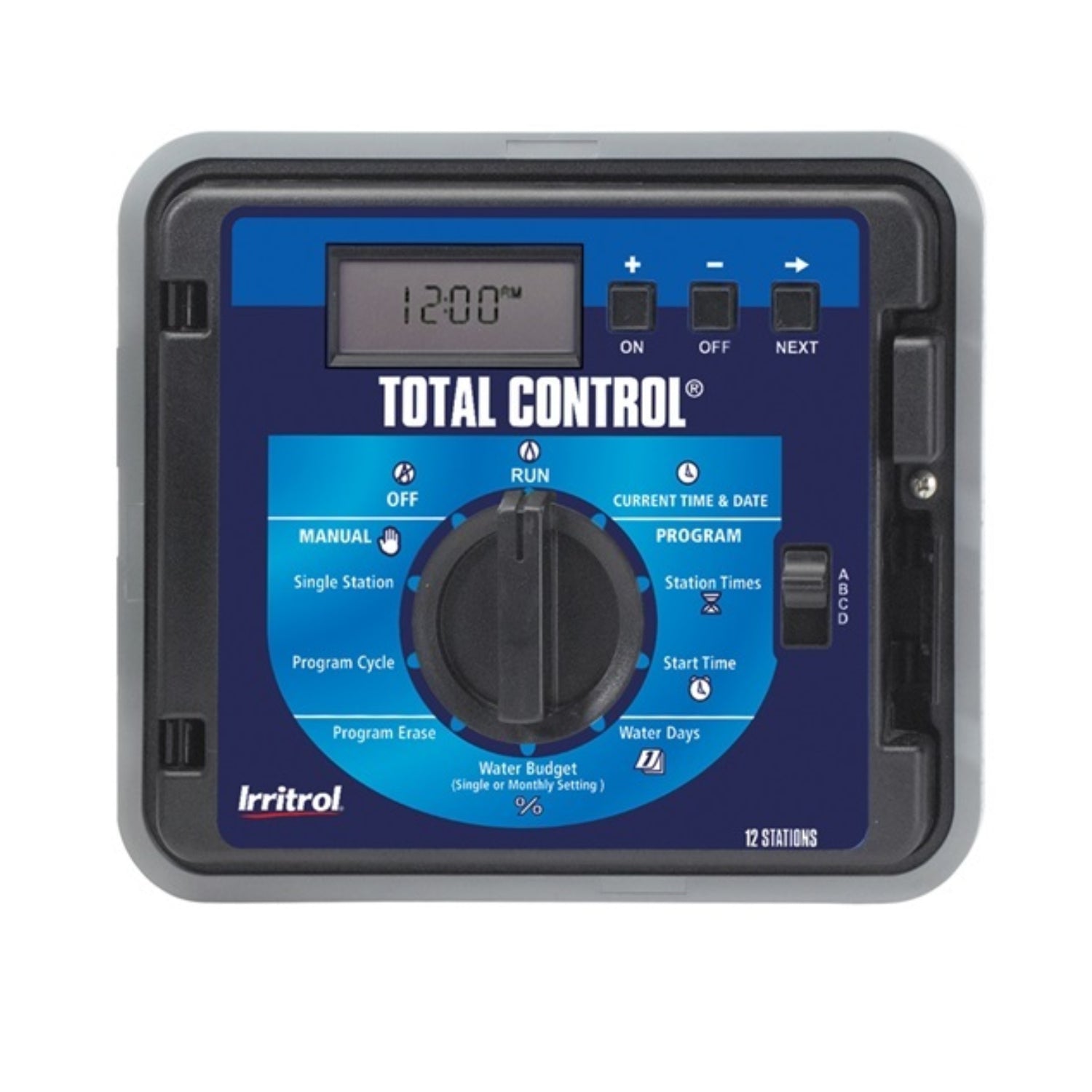 Open-panel view of Irritrol TC-12IN-R controller showing terminal board and wiring locations for 12 stations and auxiliary connections.