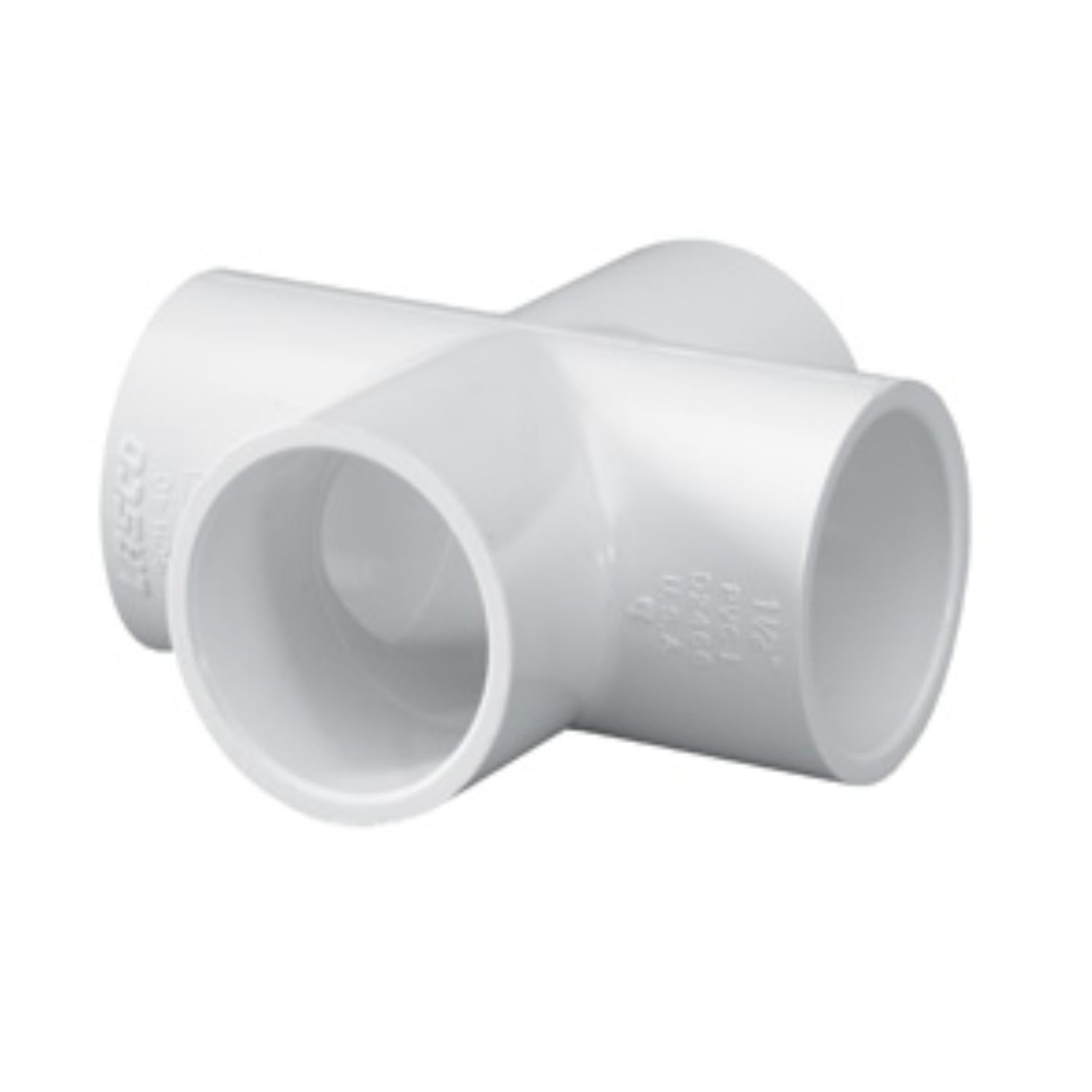 White 3/4-inch Schedule 40 PVC cross fitting with four slip sockets, shown on a white background for product reference (solely illustrative).