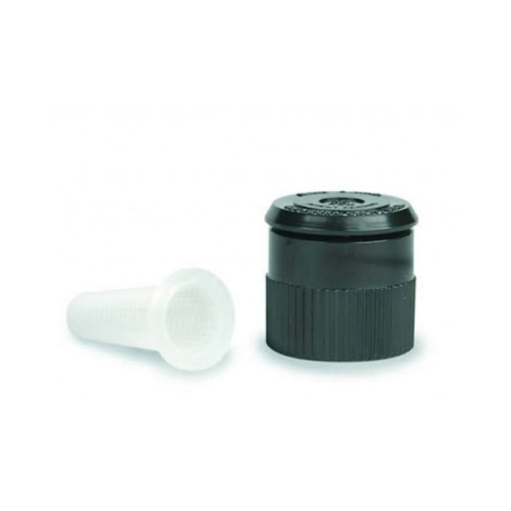Rain Bird 1401 pressure-compensating bubbler, 0.25 GPM, top view showing SR-050 inlet screen and compact plastic body