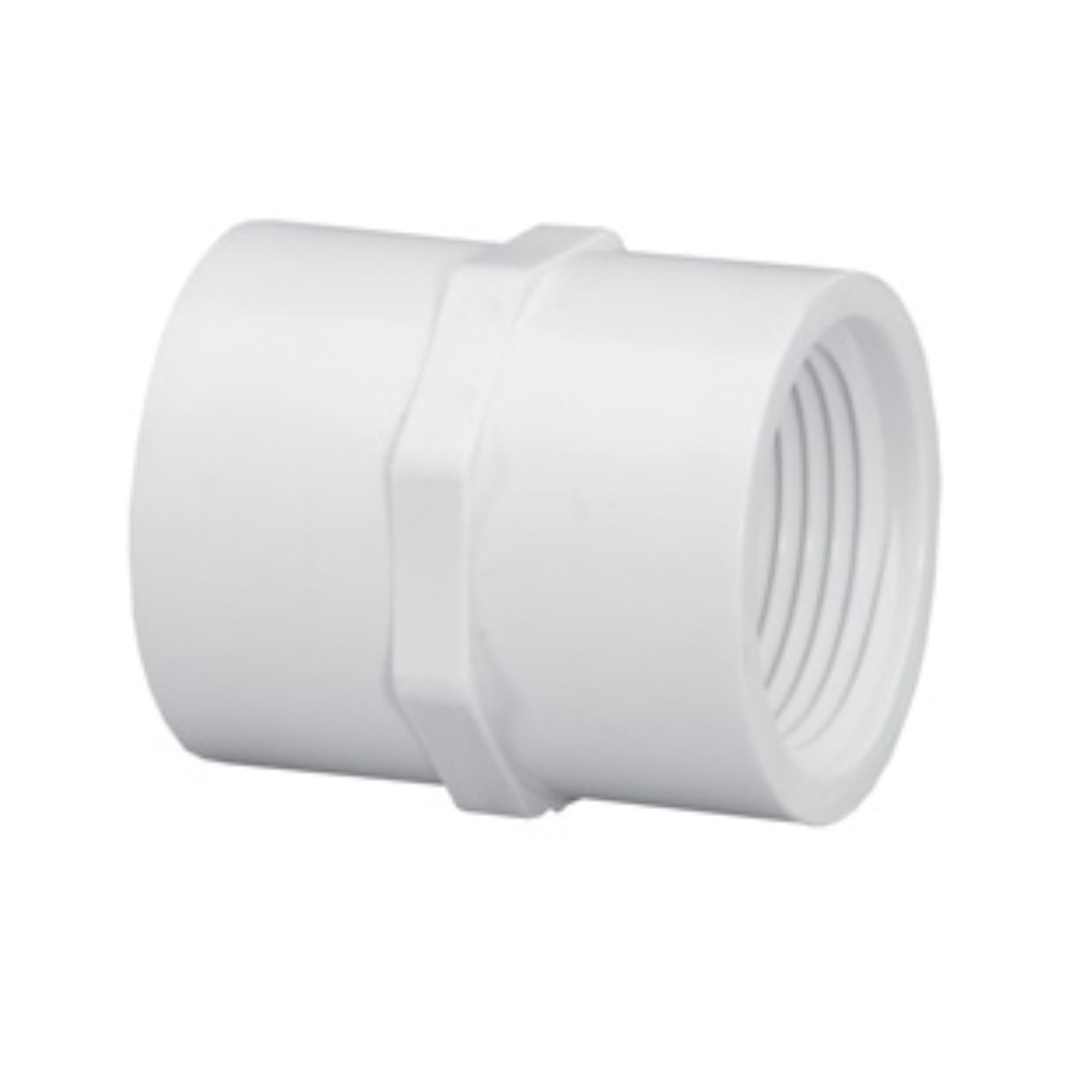 White Schedule 40 PVC 3/4" threaded coupling (FIPT x FIPT), approximately 1.5" overall length, shown on white background.