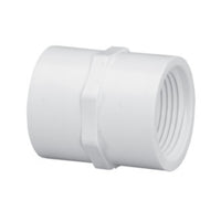 White Schedule 40 PVC 3/4" threaded coupling (FIPT x FIPT), approximately 1.5" overall length, shown on white background.