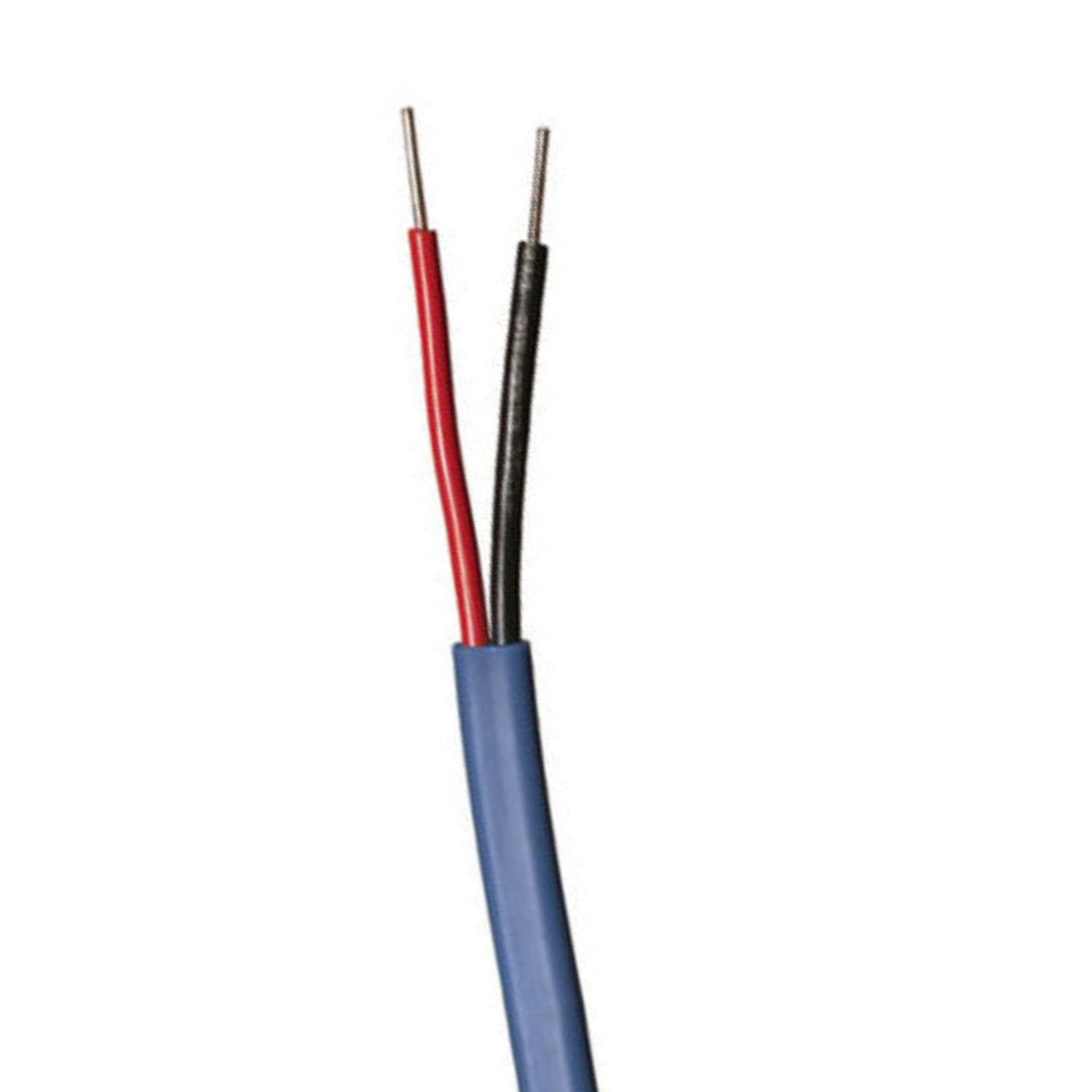 Coiled blue 14 AWG, 2-conductor Maxi decoder cable (P7072D) showing printed jacket legend and durable HDPE outer jacket for direct burial.