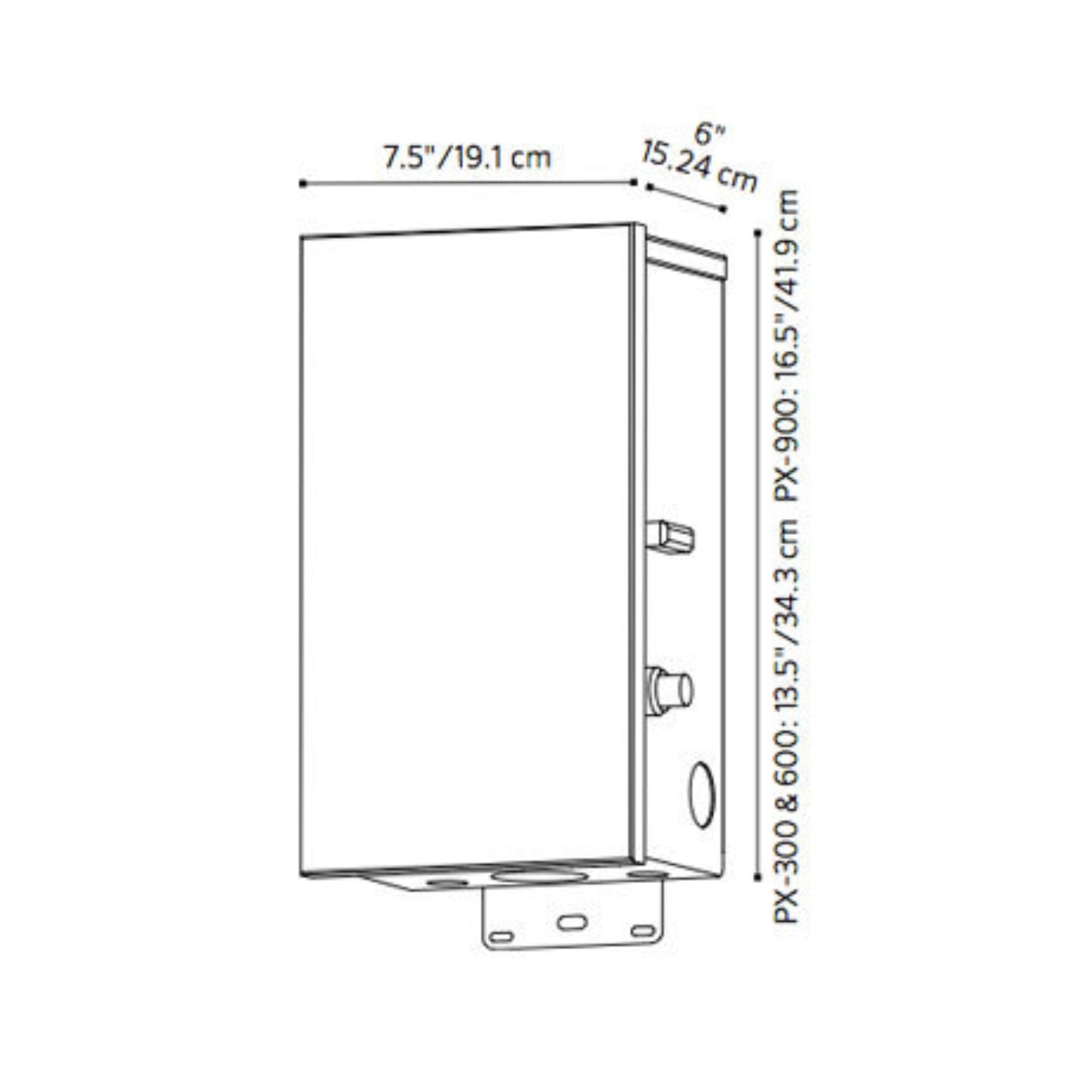 Side view of FX PX-600-SS PotenzaX 600W transformer highlighting conduit knockouts, mounting brackets, and stainless steel finish.