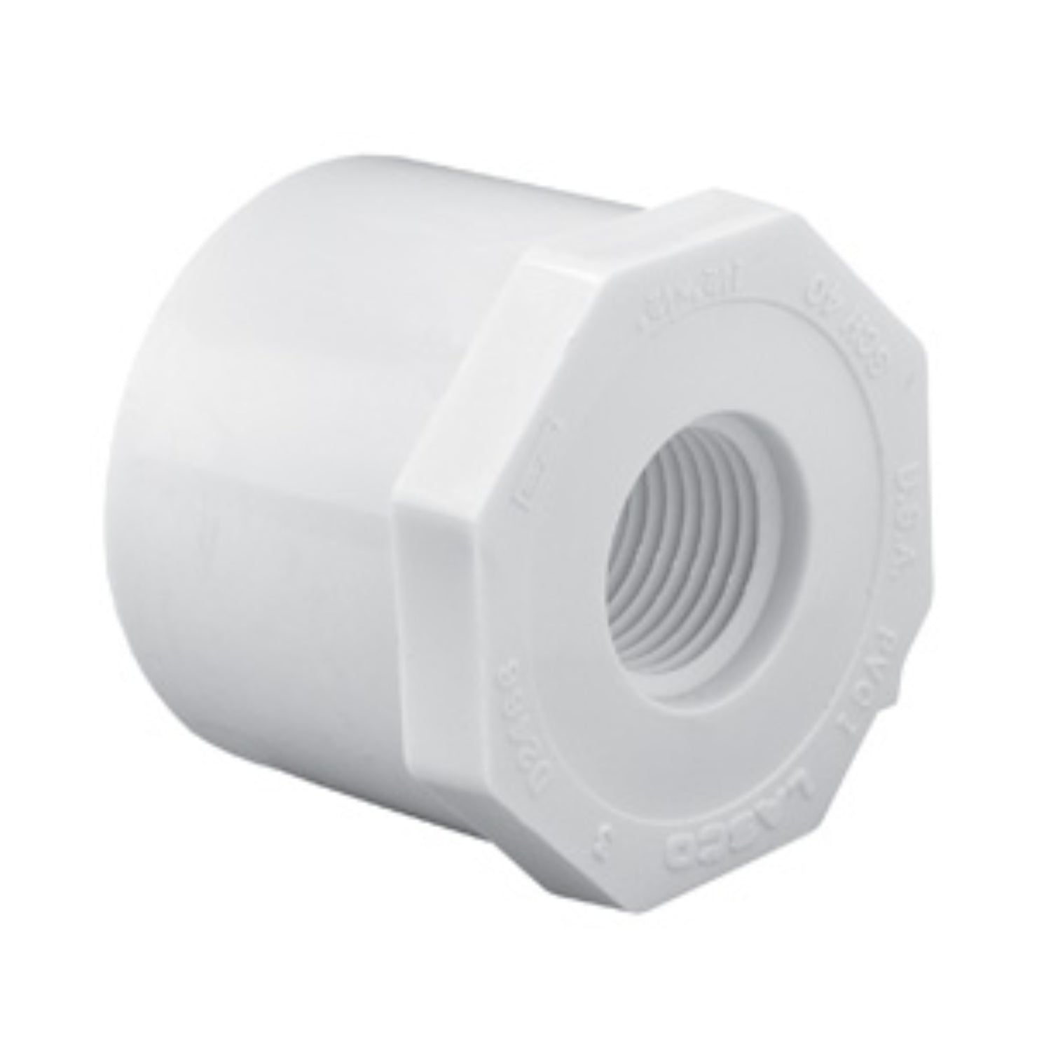 White Schedule 40 PVC reducer bushing, 2" x 1-1/2" (Spigot x FIPT), front view on white background, SKU 438251.