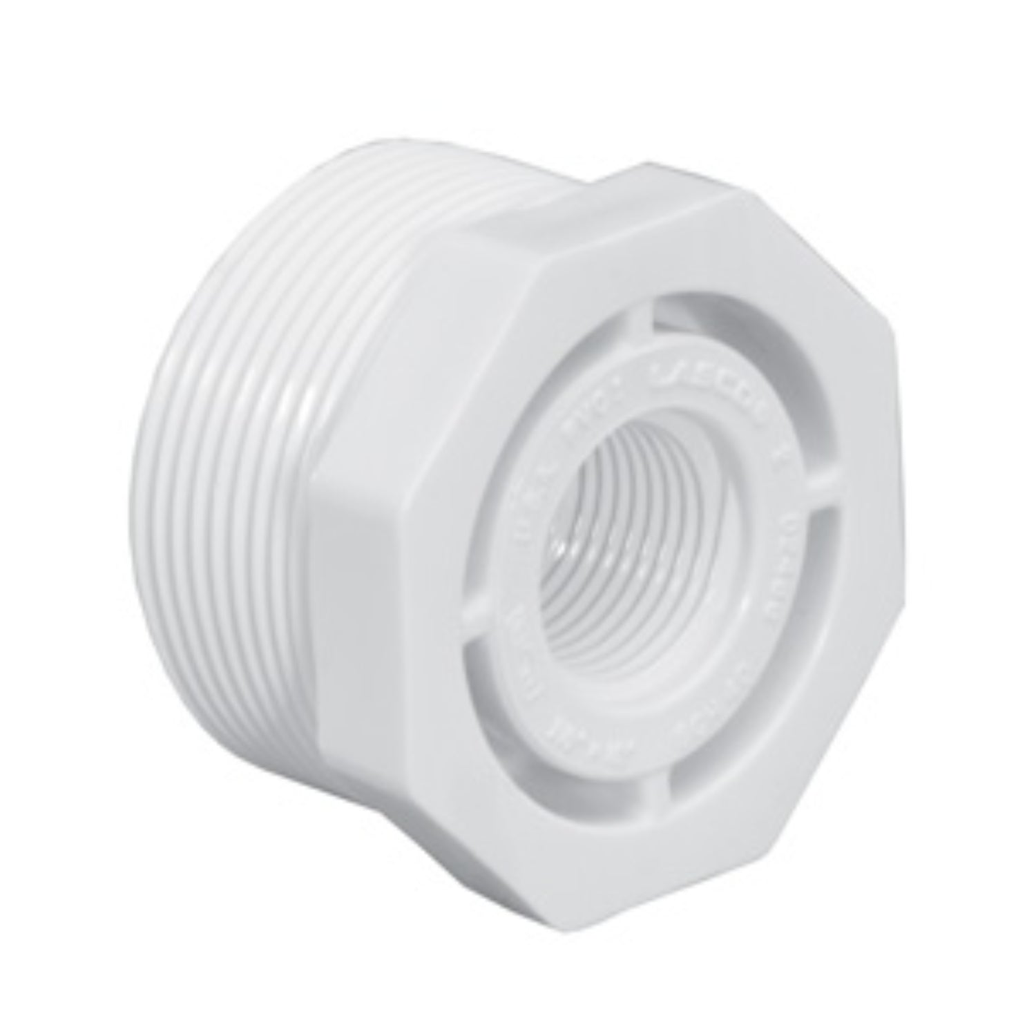 White Schedule 40 PVC threaded reducing bushing model 439-211, 1½" male pipe thread to 1" female pipe thread, flush style, for irrigation and plumbing.