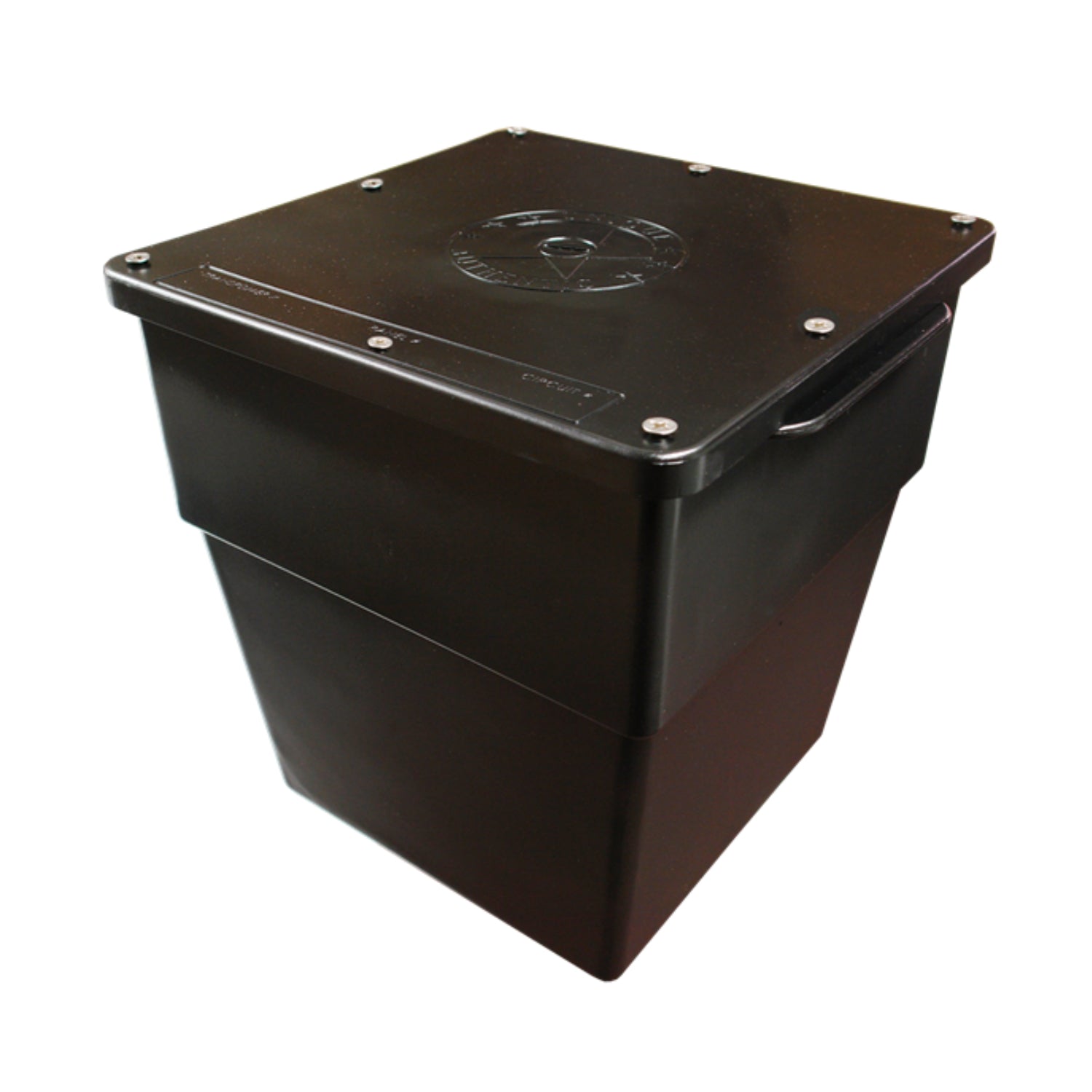 Unique 1120DB direct burial transformer in black UV-resistant composite enclosure showing lid, wiring access, and output cable leads.