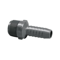 Gray PVC insert reducing male adapter, 3/4-inch MPT thread to 1/2-inch insert/barb, side view on white background.