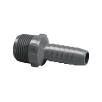 Gray Lasco PVC insert reducing male adapter (1-1/2" x 1") showing insert end and male NPT threads; product on white background, close-up view.
