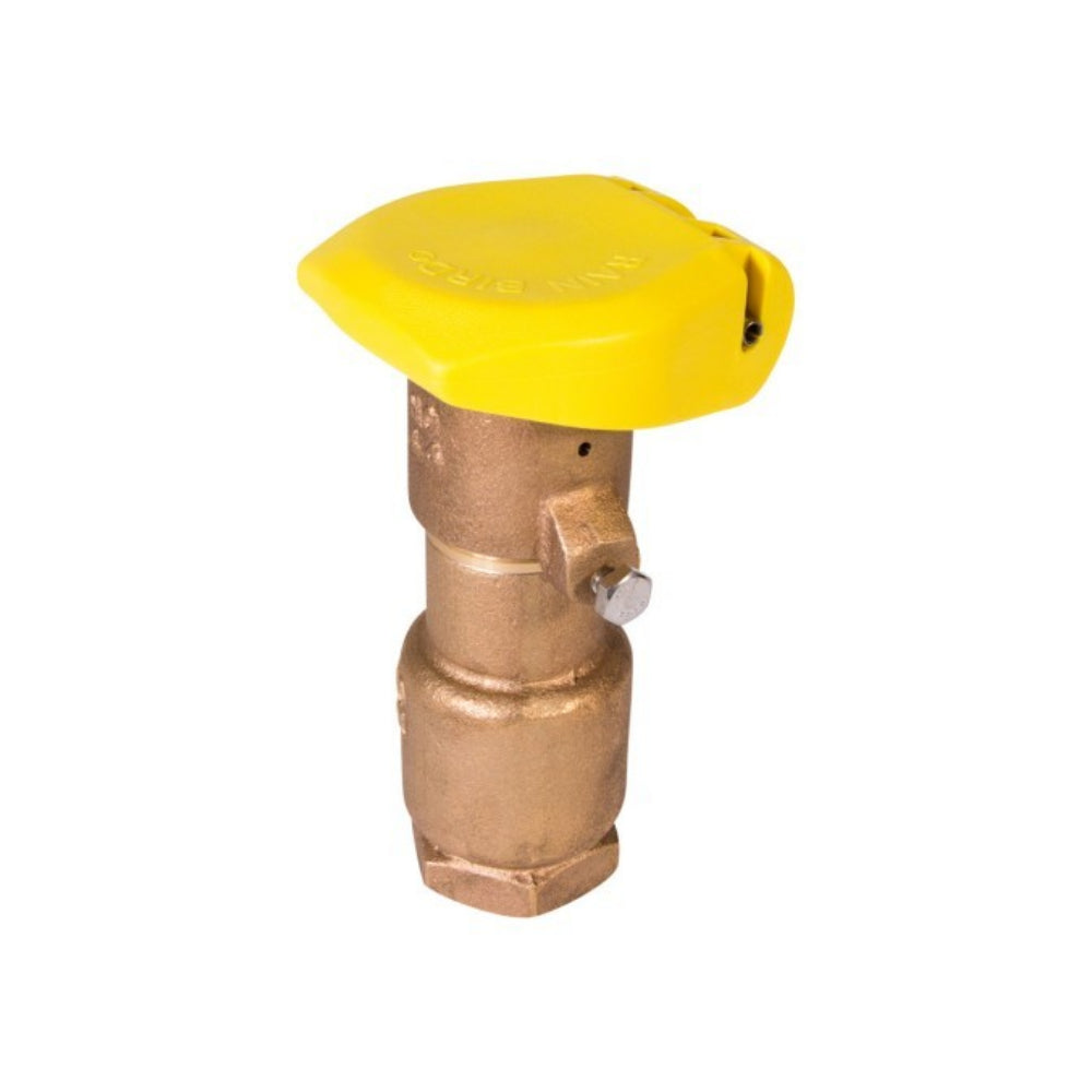 Rain Bird 44RC 1-inch quick coupling valve with red brass two-piece body and yellow thermoplastic rubber cover, front view.