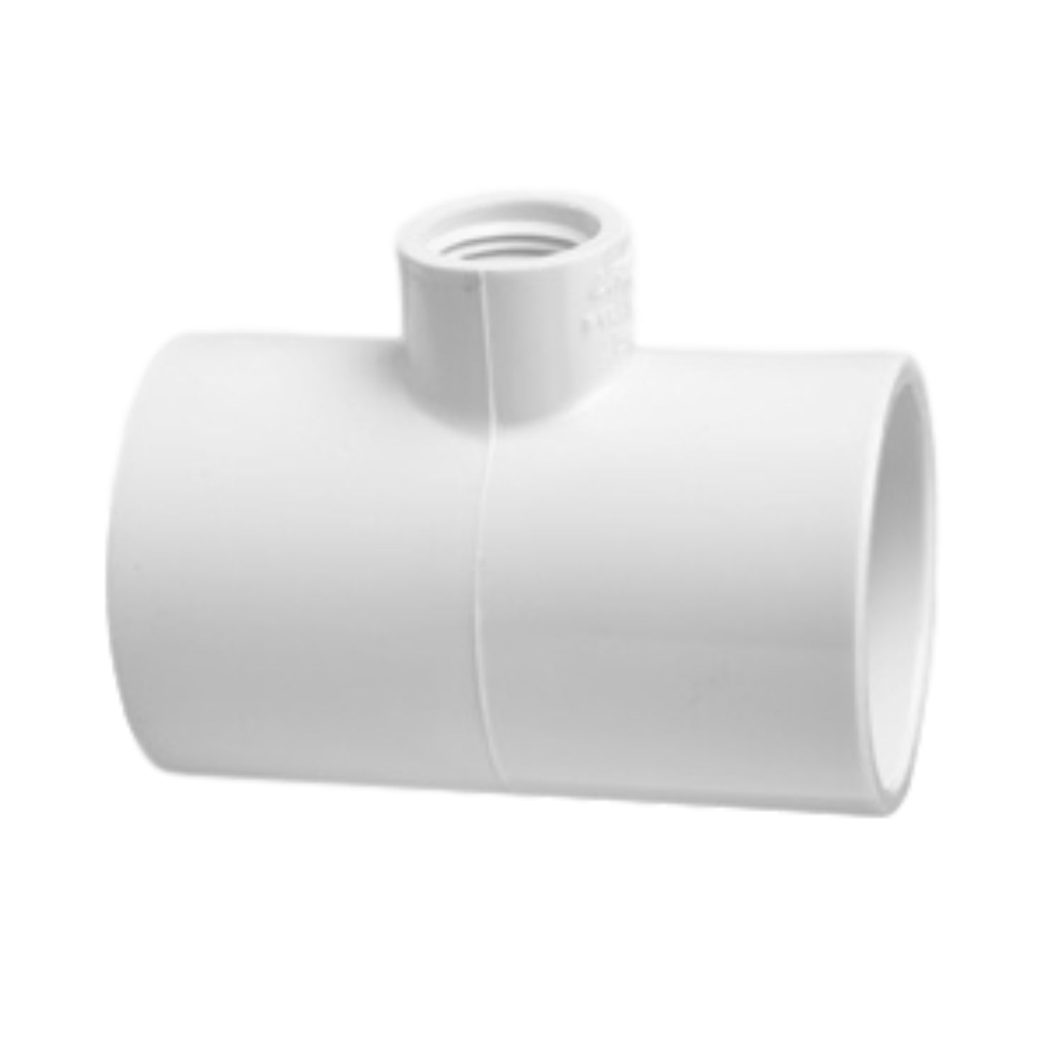 White Schedule 40 PVC reducing tee 3/4" x 3/4" x 1/2", slip x slip sockets and female threaded branch.