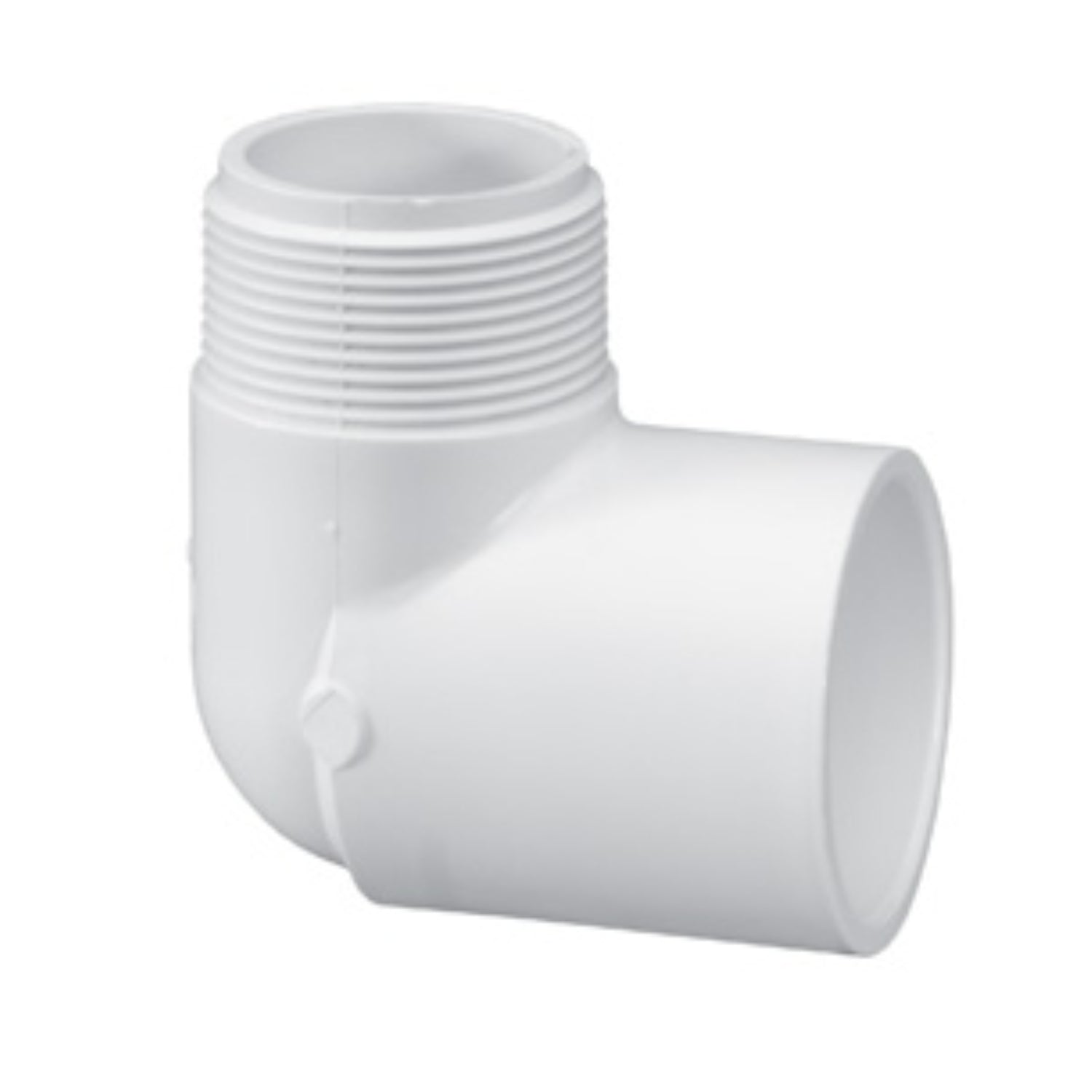 White PVC Sch 40 90-degree reducing street elbow (Lasco 410-101), 3/4" male thread to 1/2" socket on white background.