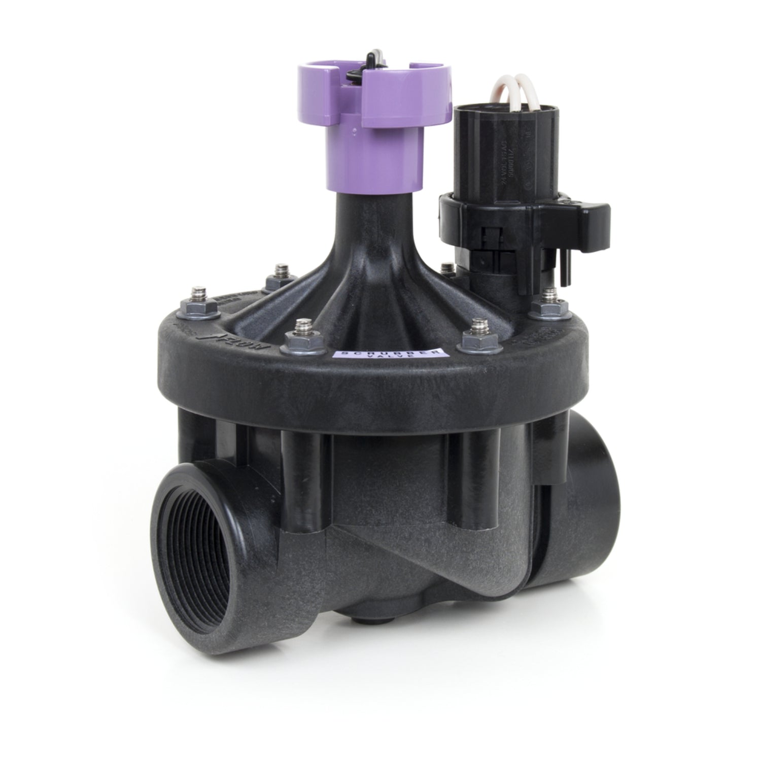 Rain Bird 200-PESB-R 2-inch reclaimed-water scrubber valve in glass-filled nylon, showing bonnet and flow-control handle.
