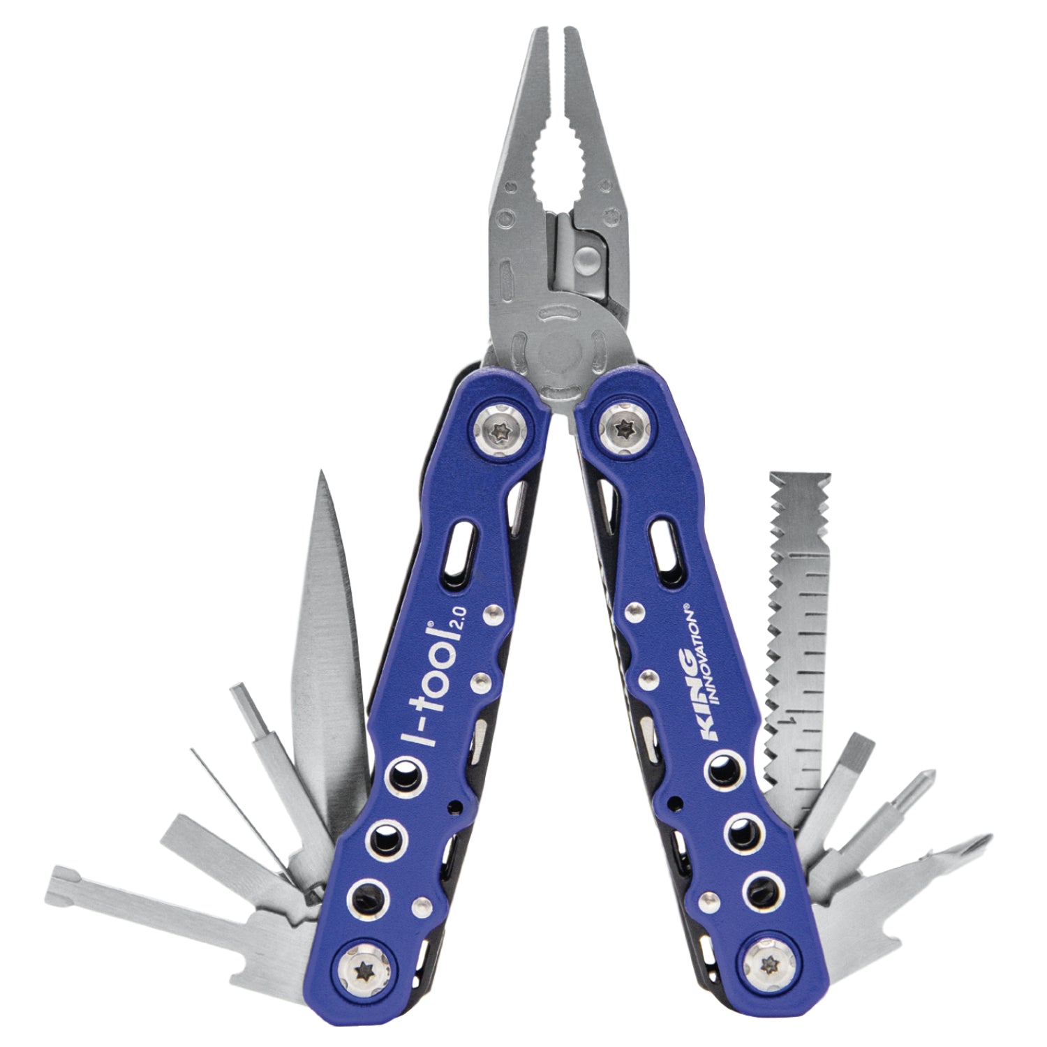 King 46600 I-Tool irrigation multi-tool displayed open with pliers, cutters, screwdriver blades, and nylon carrying case.