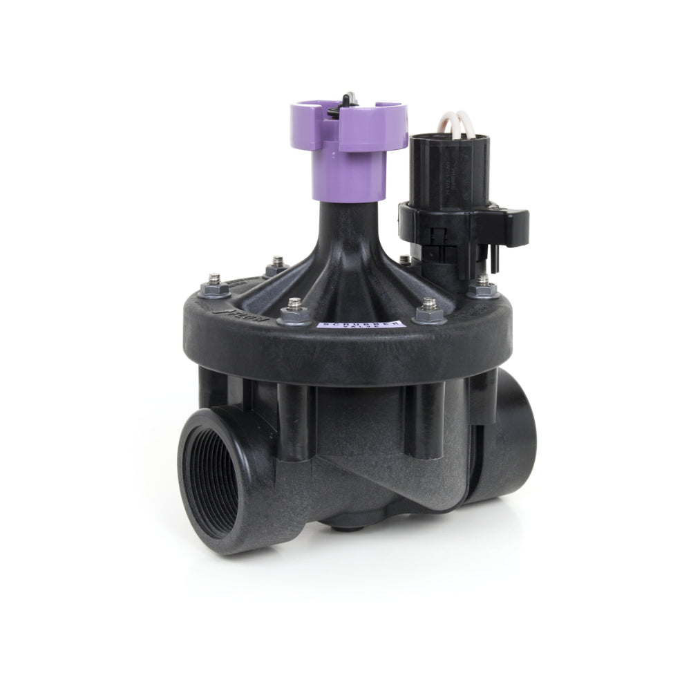Front-angle photo of Rain Bird 150PESB-R 1-1/2" scrubber reclaimed-water valve showing purple cap and solenoid.
