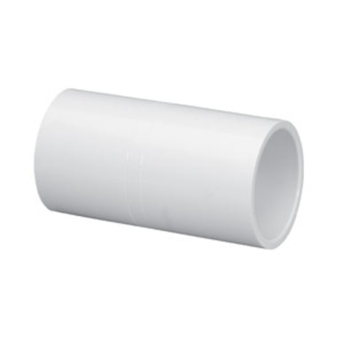 White 2-inch Schedule 40 PVC deep-socket coupling (Lasco 482-020), showing socket openings and full-length profile.