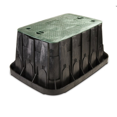 Rain Bird VB-SPR-H super jumbo rectangular valve box with black recycled polypropylene body and green double-locking lid, shown closed from above.