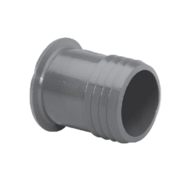 Close-up of LASCO 1449-010 1-inch gray PVC insert plug showing barbed insert and smooth exterior, suitable for irrigation and poly pipe connections, with visible fitting profile.