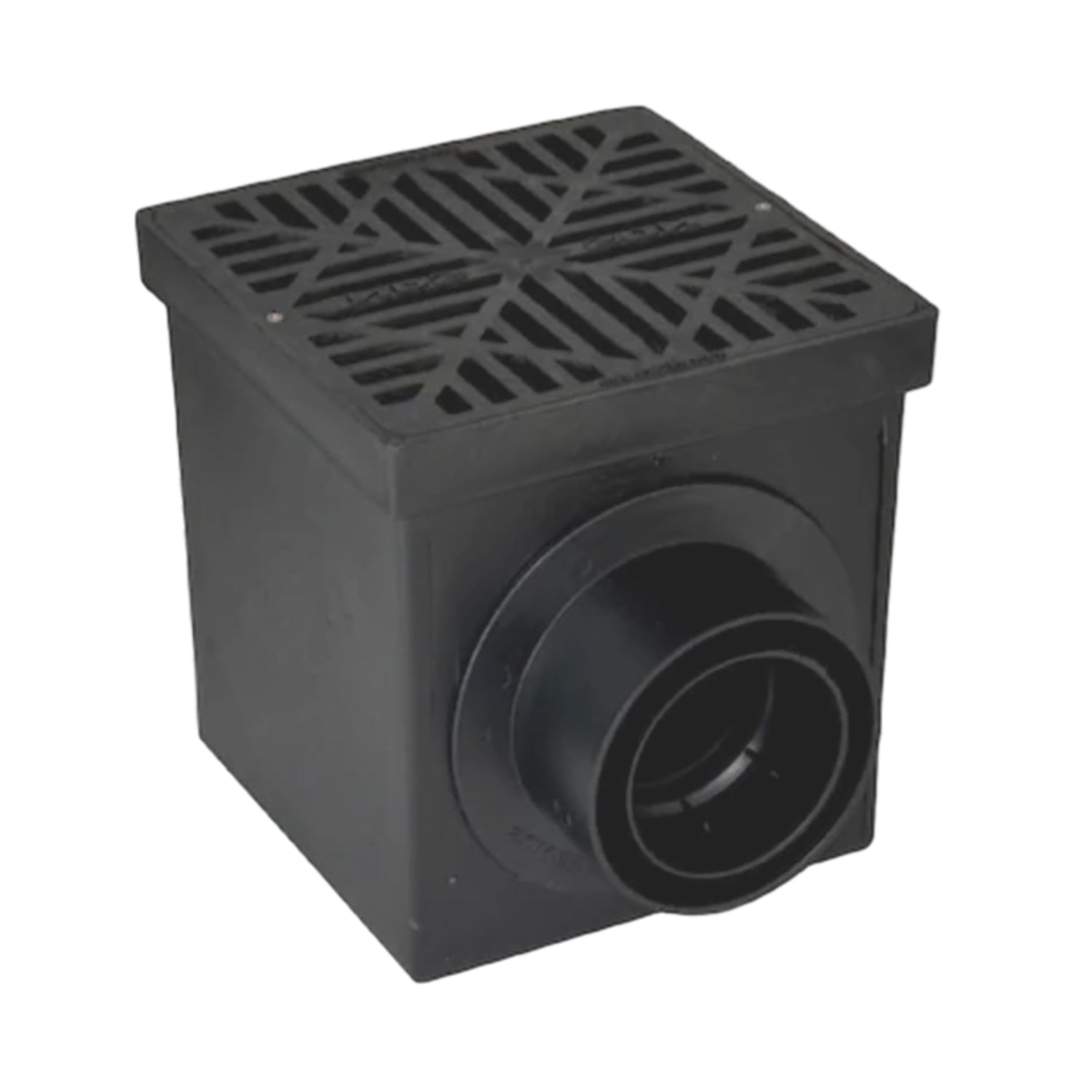 Perspective view of NDS 12-inch square polypropylene catch basin kit assembled with a black slotted HDPE grate and visible outlet openings, ideal for yard drainage installations.