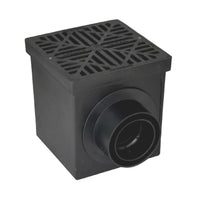 Perspective view of NDS 12-inch square polypropylene catch basin kit assembled with a black slotted HDPE grate and visible outlet openings, ideal for yard drainage installations.