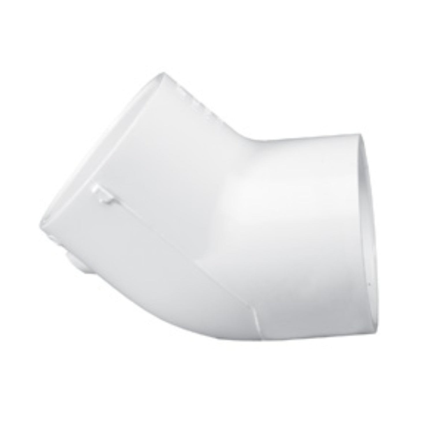 White 2.5-inch Schedule 40 PVC 45-degree elbow fitting shown on white background, slip x slip sockets visible and labeled SKU 417025 for plumbing use.