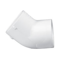 White 2.5-inch Schedule 40 PVC 45-degree elbow fitting shown on white background, slip x slip sockets visible and labeled SKU 417025 for plumbing use.