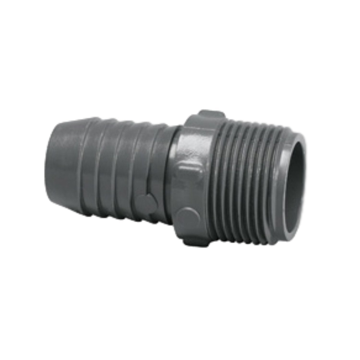 Gray PVC 1/2 in. insert x 1/2 in. male NPT adapter - barbed insert for polyethylene irrigation tubing; Schedule 40, durable.