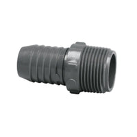 Gray 1-inch PVC insert male adapter (Insert x MIPT), model 1436-010; barbed insert for polyethylene irrigation tubing and threaded 1" MIPT connection.
