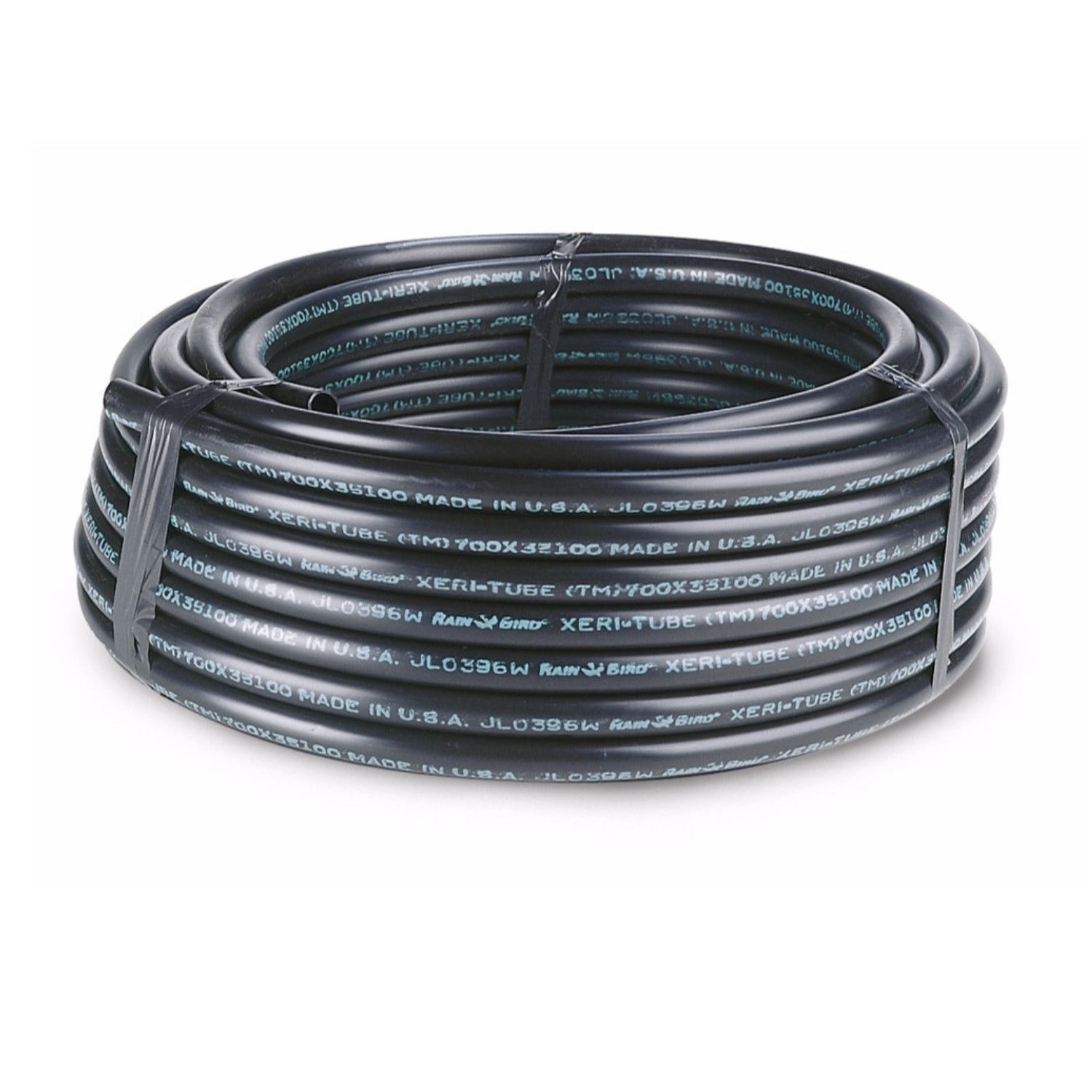 Close-up of Rain Bird XT-700 thick-walled Xeri-Tube distribution tubing coil, black UV-resistant polyethylene, 500 ft, showing tubing texture and coil packaging.