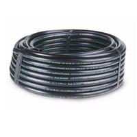 Close-up of Rain Bird XT-700 thick-walled Xeri-Tube distribution tubing coil, black UV-resistant polyethylene, 500 ft, showing tubing texture and coil packaging.
