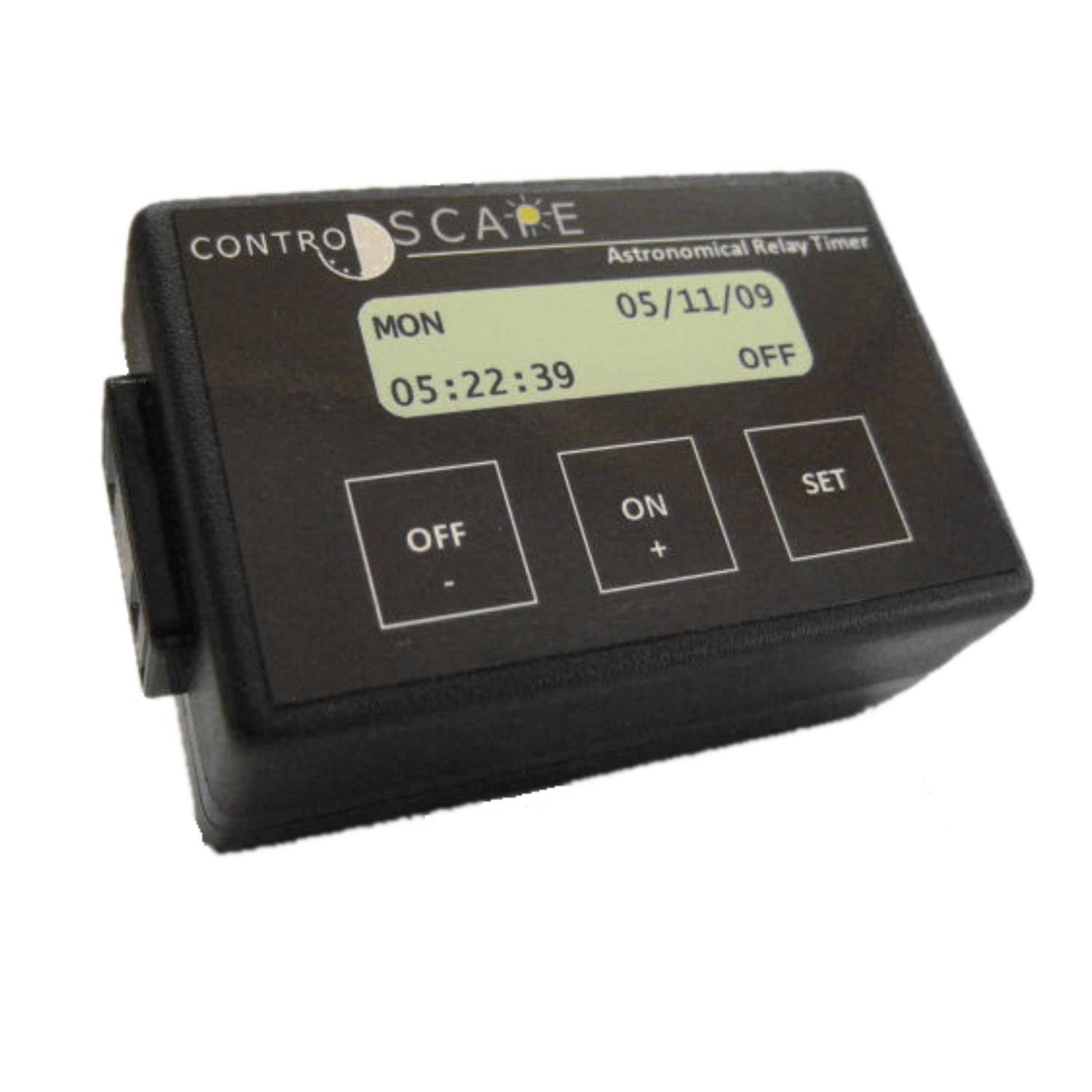 Front view of ControlScape CS-ART astronomical relay timer showing black enclosure, front label, and input/output connection points clearly visible.