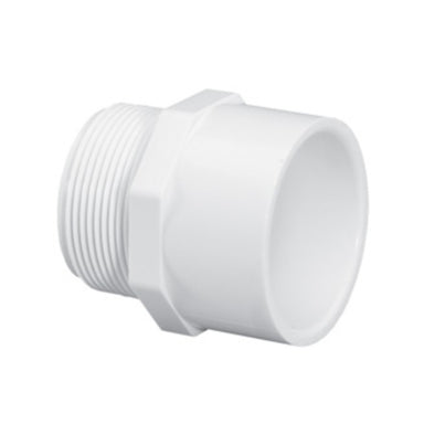 White 3/4-inch PVC Schedule 40 male adapter (MPT x slip) showing threaded male end and solvent-weld slip socket, front view.