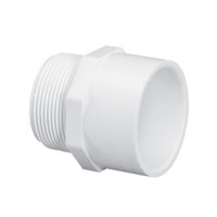 White Lasco 4-inch Schedule 40 PVC male adapter (MIPT x slip), threaded male end and smooth slip socket, SKU 436040