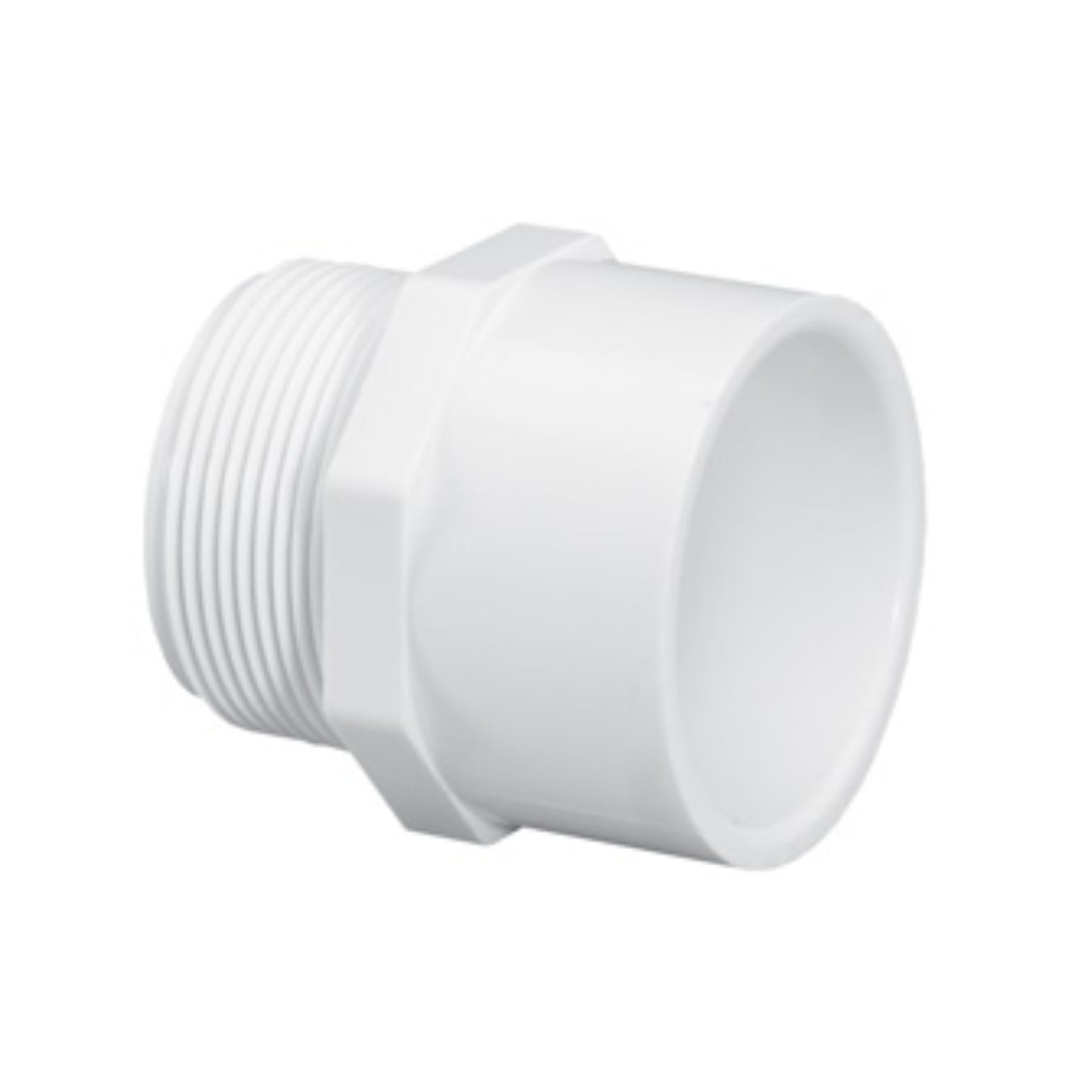 White PVC Schedule 40 male adapter (MIPT x Slip) for 2-1/2" pipe, showing threaded male end and solvent-weld slip socket for installation.