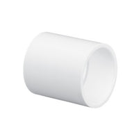 White Lasco Schedule 40 PVC 1/2 inch slip coupling, straight socket ends visible on white background