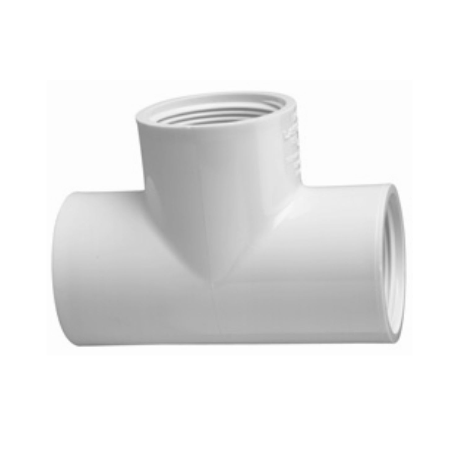White Schedule 40 PVC threaded tee with female FIPT threads, front-angle product photo on white background.