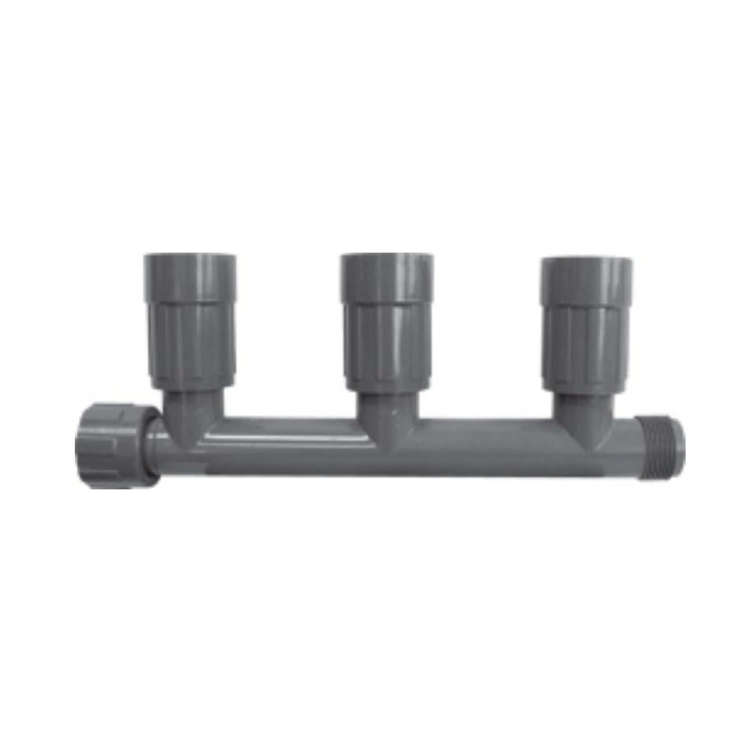 Lasco 1201-310 triple female PVC manifold with three valve ports, ring nut and 1" female thread on white background.