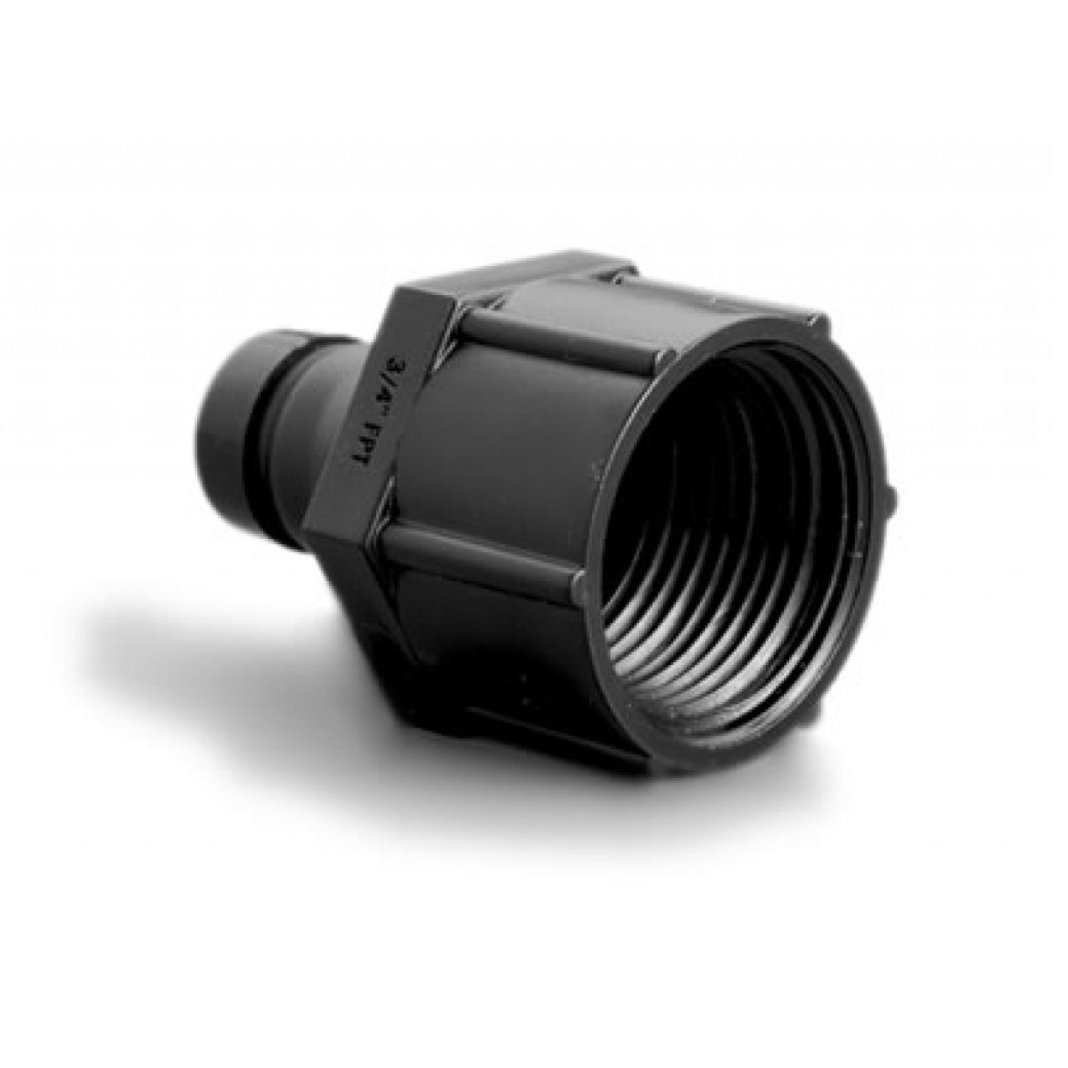 Rain Bird MDCF75FPT 3/4-inch female pipe thread Easy Fit compression adapter on white background, showing threaded end and compression collar