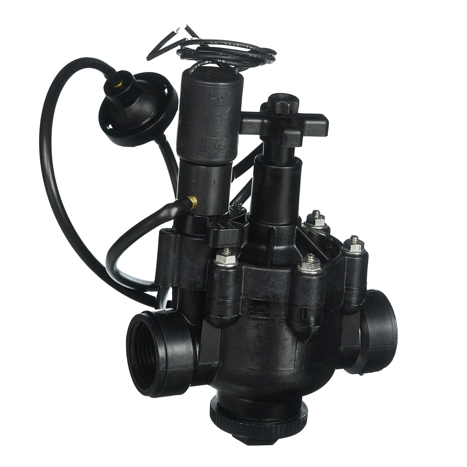 Irritrol 102P1.5 1-1/2-inch electric globe/angle irrigation valve with visible anti-contamination filter and 24VAC solenoid, front-angled view