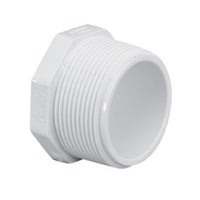 White Schedule 40 PVC 1/2-inch threaded hex head plug (MPT), durable plastic fitting for irrigation and plumbing systems shown on white background.