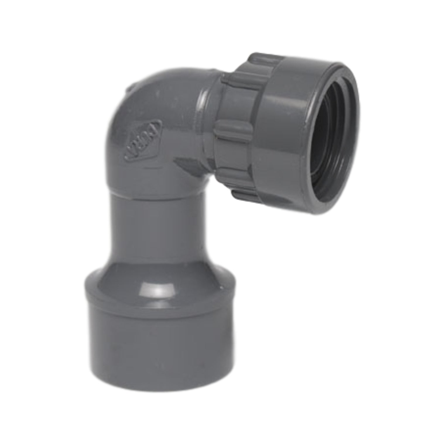 Gray DURA 306-011 1" Schedule 40 PVC O-ring 90° elbow with 1" slip x 1" swivel connections for manifold systems.